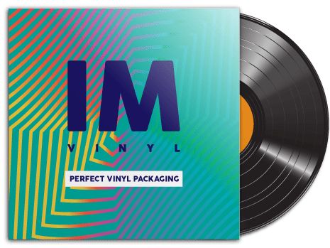 Bunte Vinyl-Verpackung mit einer schwarzen Schallplatte daneben.